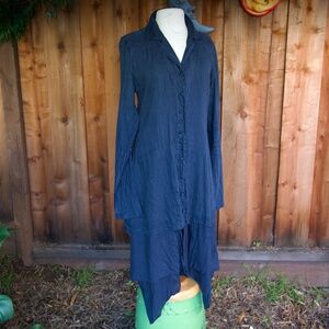 Cynthia Ashby Linen/Silk Hi-Low Midnight Blue Button Down Shirt Dress Woman's M